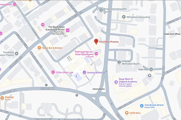Map showing The Clifton Practice on Whiteladies Road in Bristol